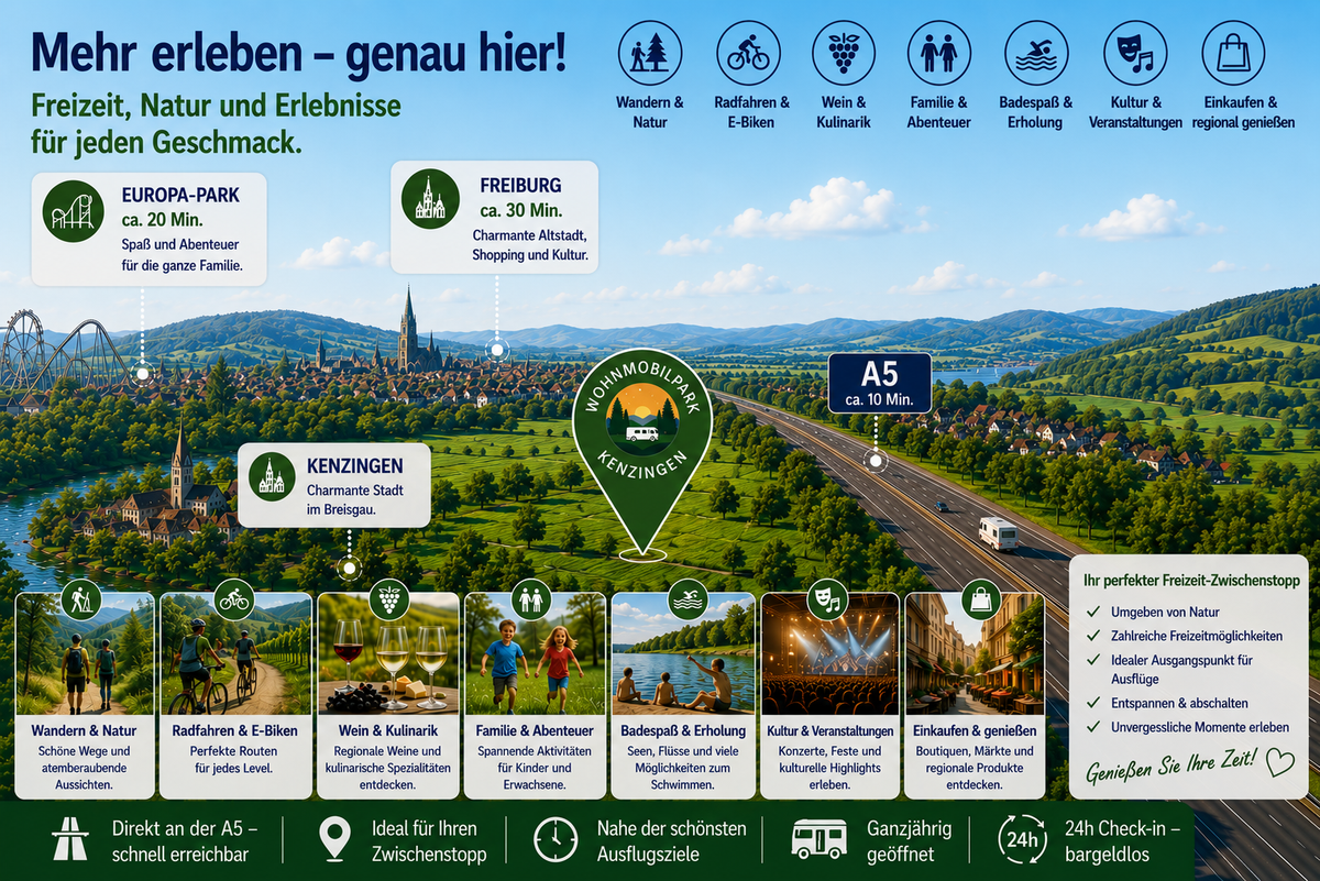 Grafik: Freizeitmöglichkeiten rund um Kenzingen – Europa-Park 20 Min., Freiburg 30 Min., Bodensee 45 Min., Wandern, Radfahren, Wein & Kulinarik, Familie, Baden, Kultur, Einkaufen